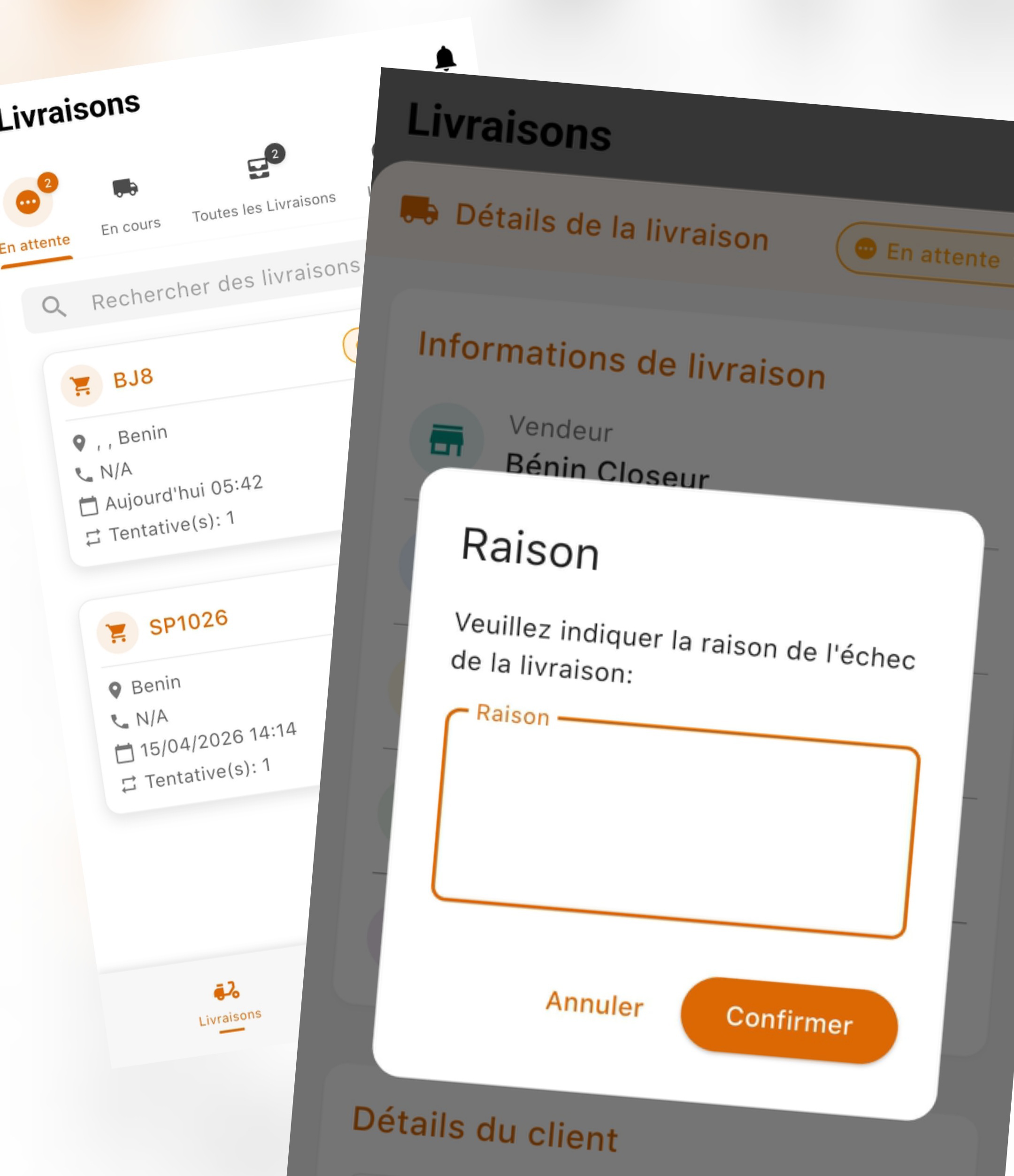 Interface de suivi de livraison avec motifs d'Ã©chec